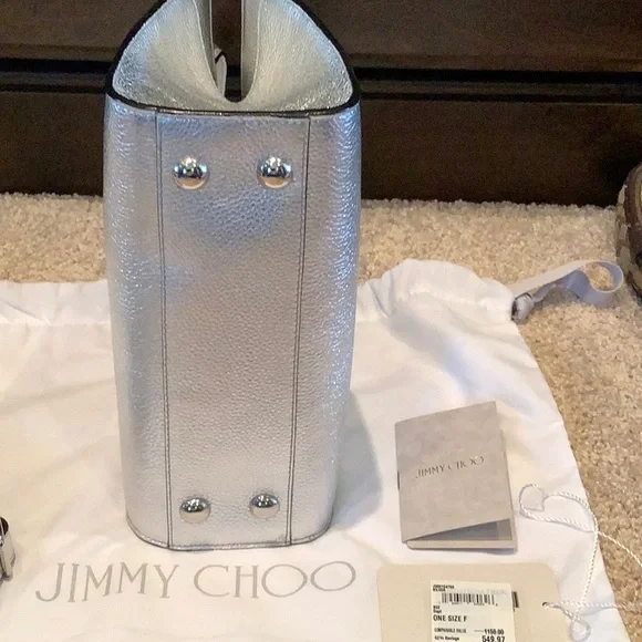 Jimmy Choo Silver Satchel with Structured Design and Top Handles - Picture 10 of 13